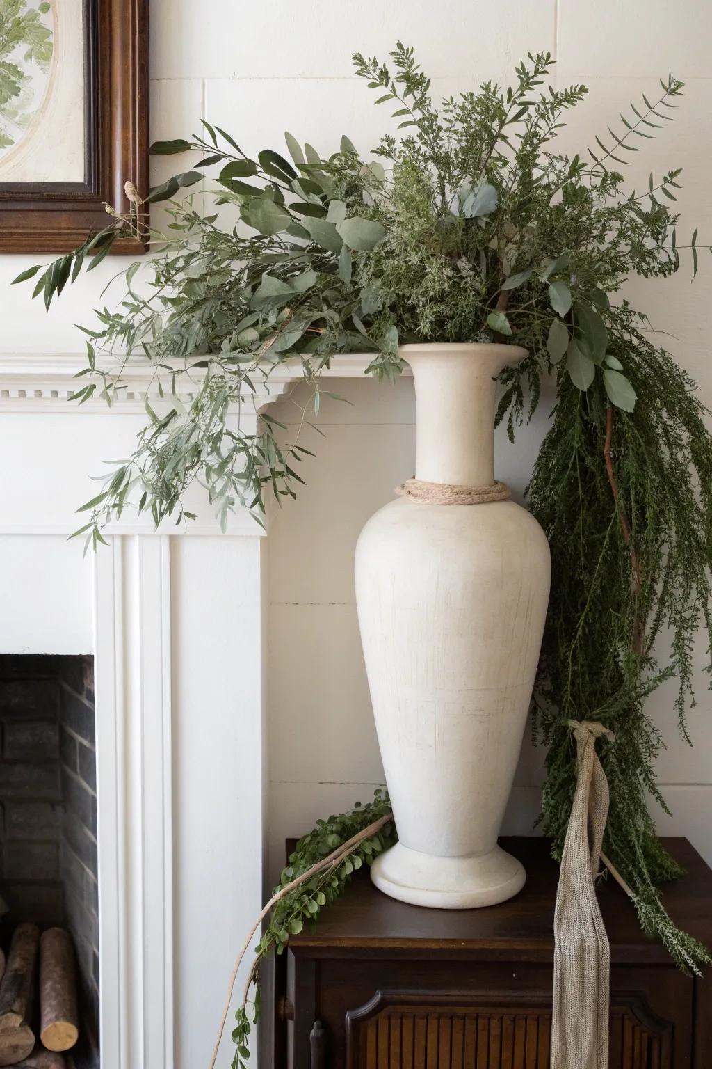 Modern waterfall greenery draped from a tall vase for effortless, lived-in mantel movement.
