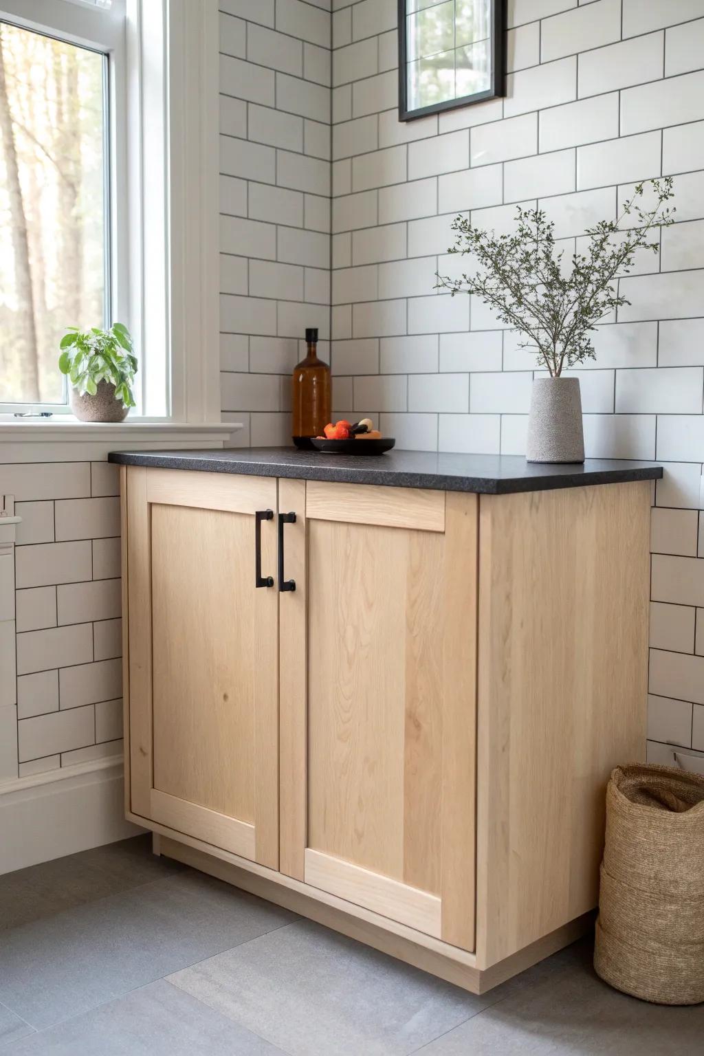 White tile backsplash keeps maple cabinets light while black countertops look crisp and modern.