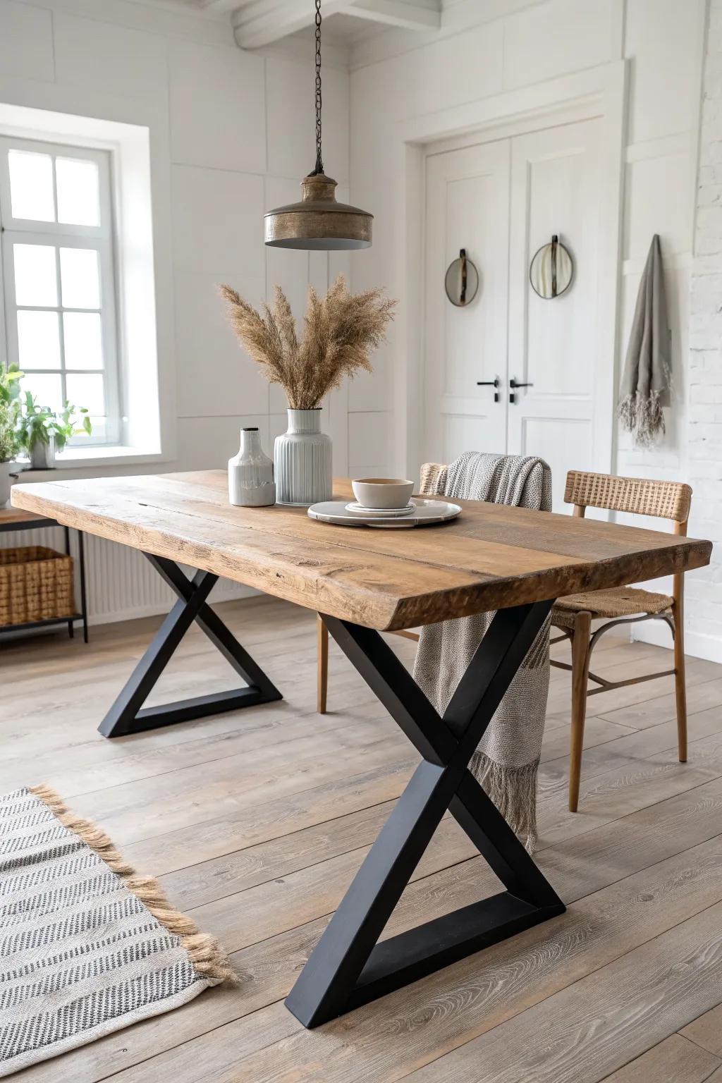Reclaimed oak meets a black steel trestle base—clean, bold, and beautifully masculine.