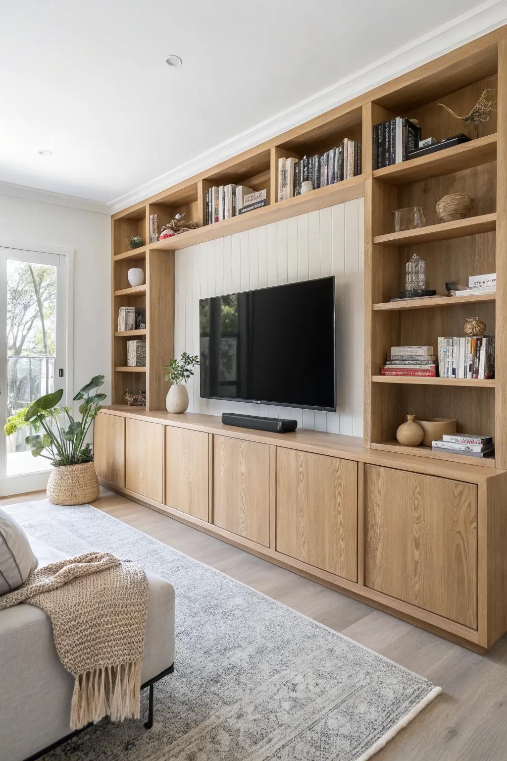 Floor-to-ceiling built-in media wall in light oak—framed TV, hidden storage, and airy shelves.