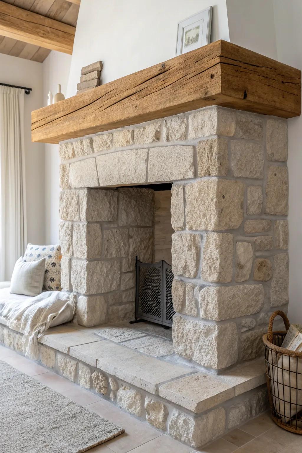 Stone-look fireplace with a thick reclaimed-wood mantel—minimal, warm, and medieval-inspired.