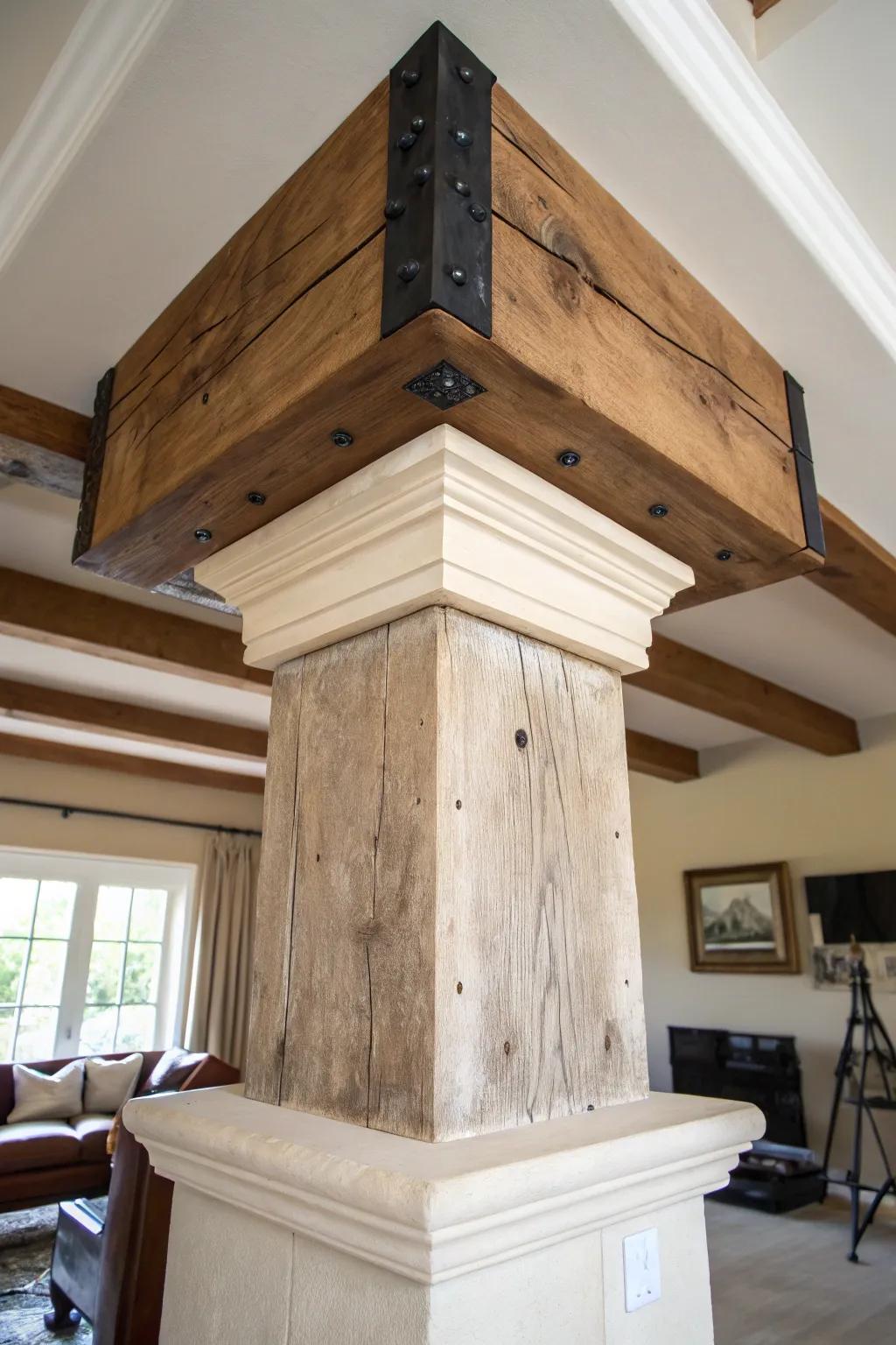 Chunky stained faux timber beam with visible joinery—medieval heft in a clean, modern space.