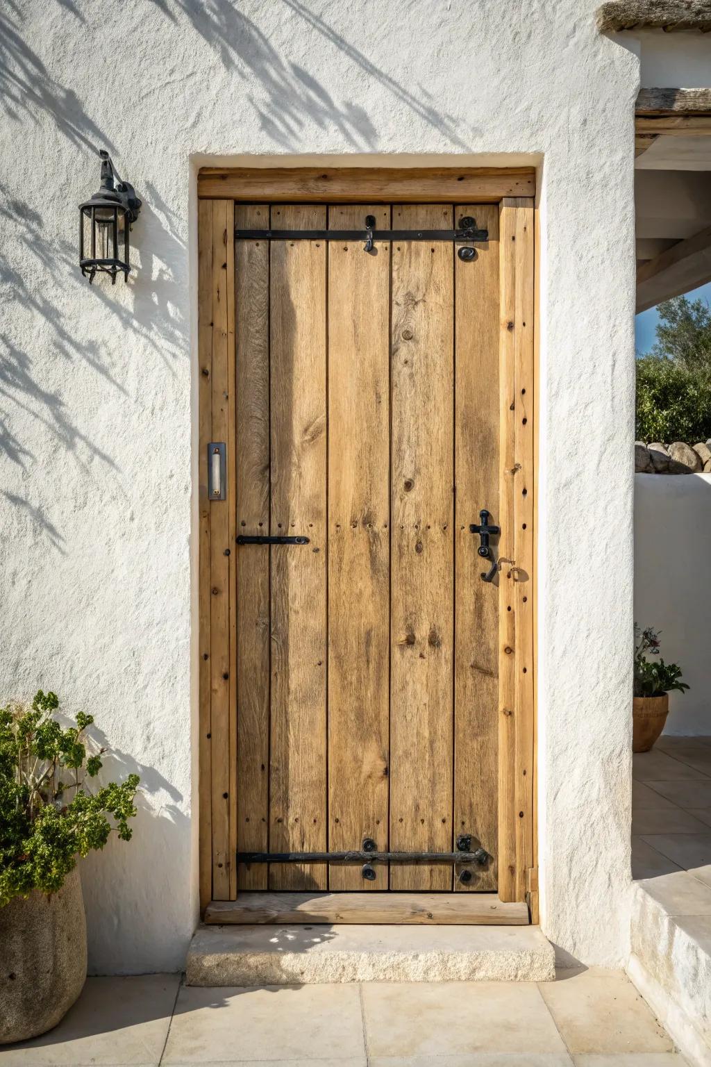 Rustic Mediterranean charm: reclaimed plank door with bold wrought-iron strap hinges.