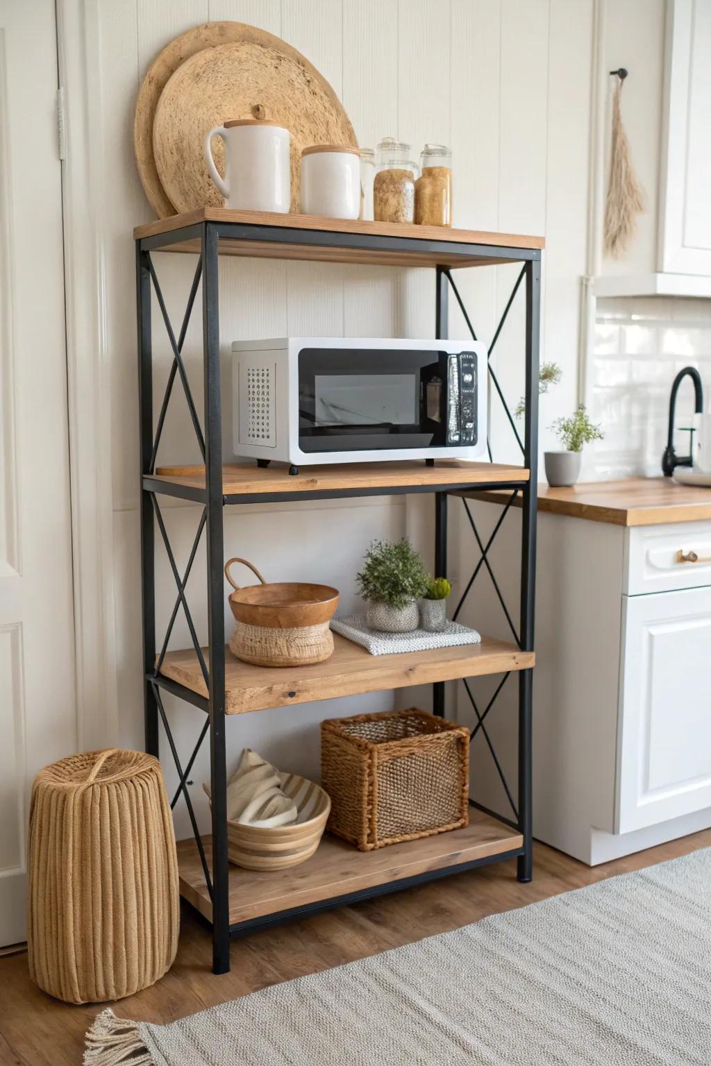 Rustic farmhouse baker’s rack stand—tall, airy storage that keeps your microwave beautifully organized.