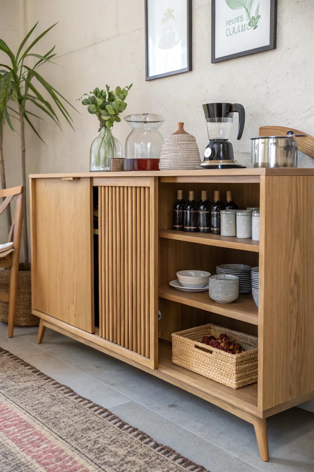 Mid-century slatted sliding doors hide coffee-bar essentials in a calm, crafted sideboard.