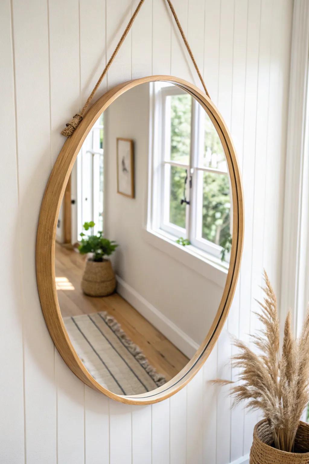A round oak-framed mirror brightens the entry and softens mid-century modern lines.