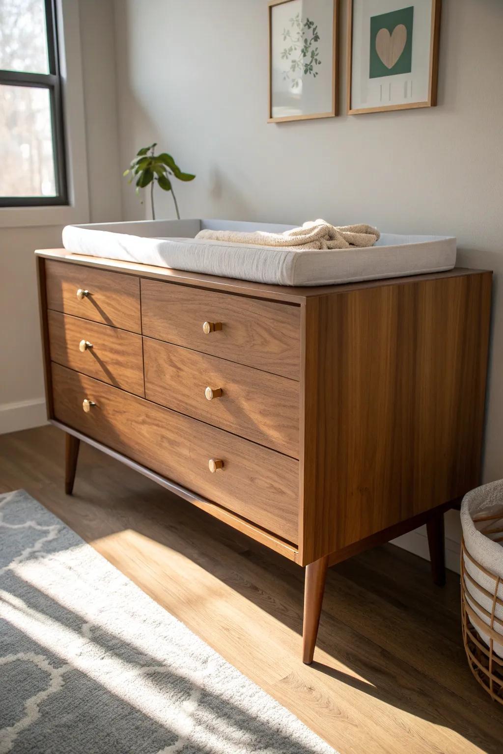 A long, low mid‑century dresser doubles as a chic changing station—timeless and not too “baby.”