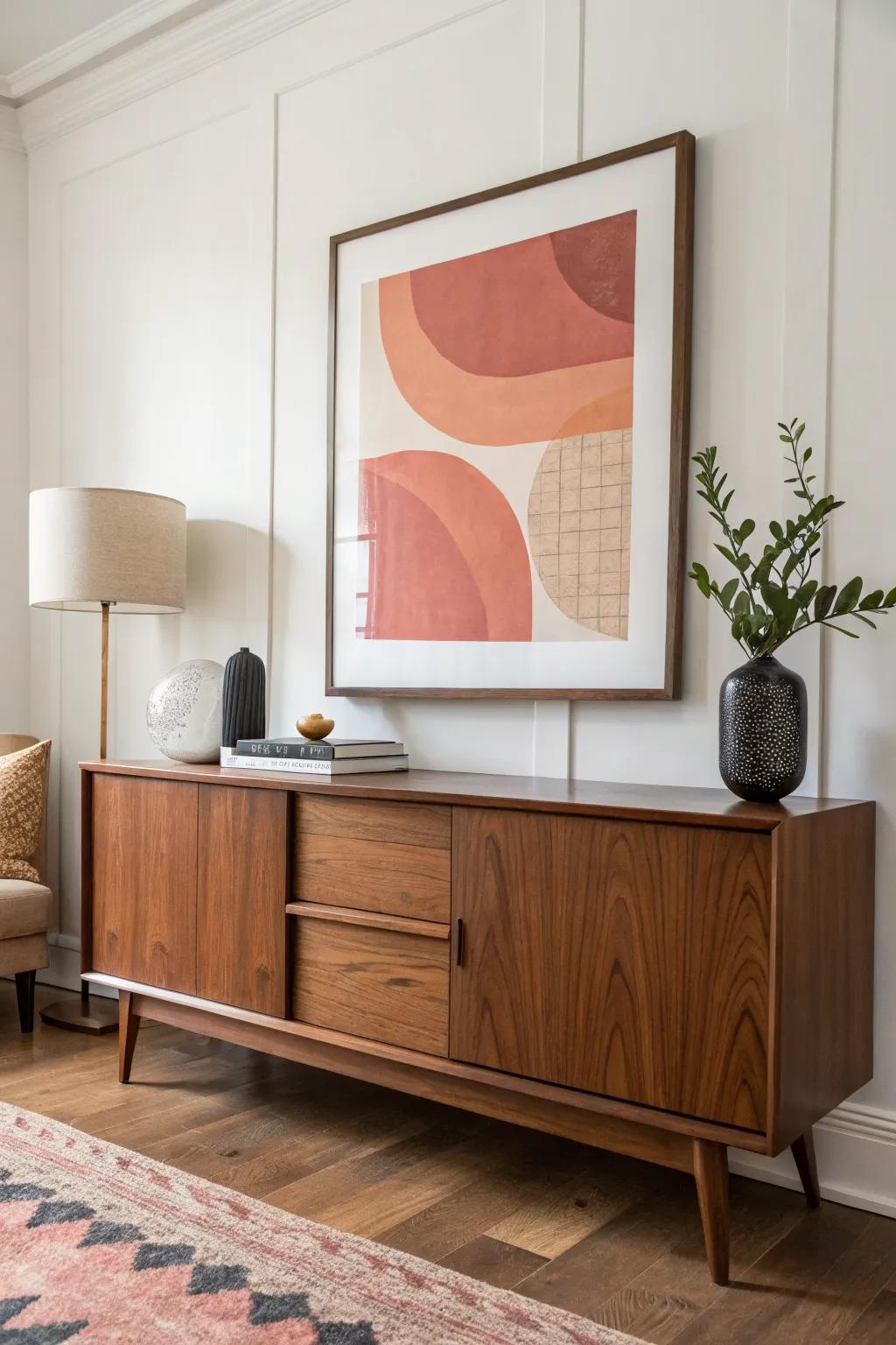 An oversized abstract in a warm wood frame instantly anchors your mid‑century credenza wall.