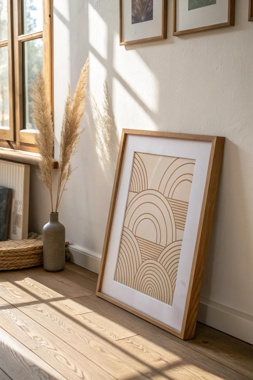Lean one oversized framed print on the mantel for an effortless, nail-free minimalist refresh.