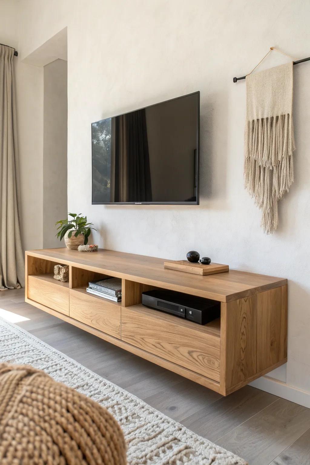 A floating oak console with hidden cables—minimal, airy, and crafted for effortless clean floors.