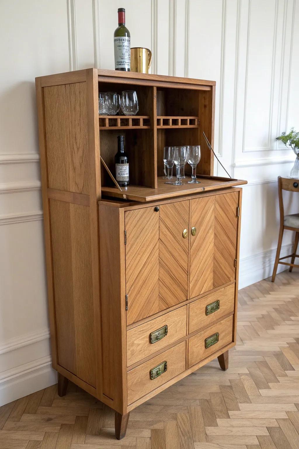 Fold-down cabinet bar on casters—smart, space-saving design that closes up beautifully.