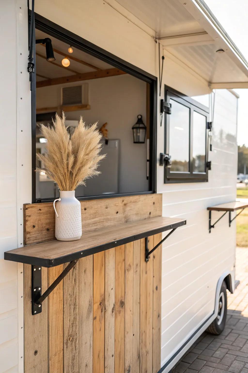 Fold-down reclaimed-wood serving counter window—minimal, sturdy, and instantly welcoming.