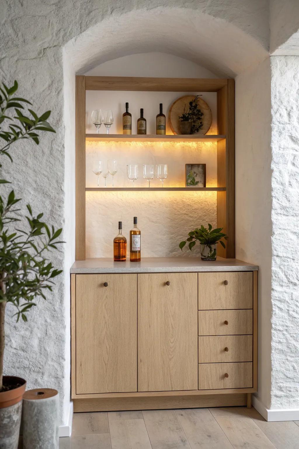 Built-in niche bar cabinet with oak shelves and warm LED glow—clean, modern, intentional.