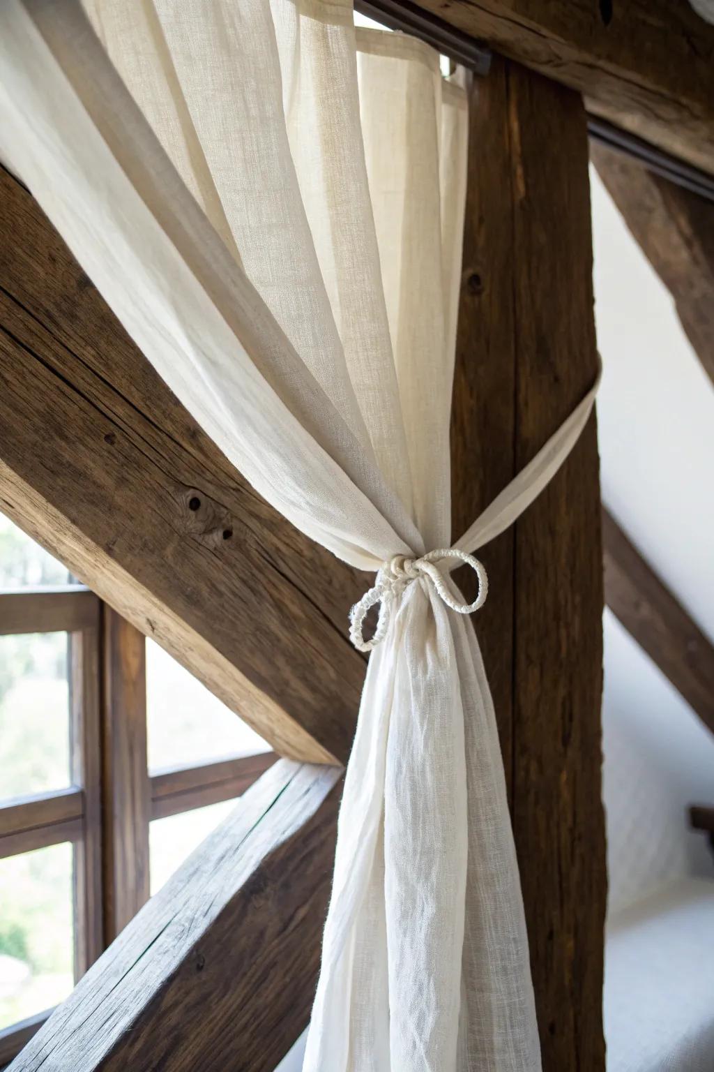 Sheer ivory drapery over dark barn rafters—romantic softness while the wood still shines.