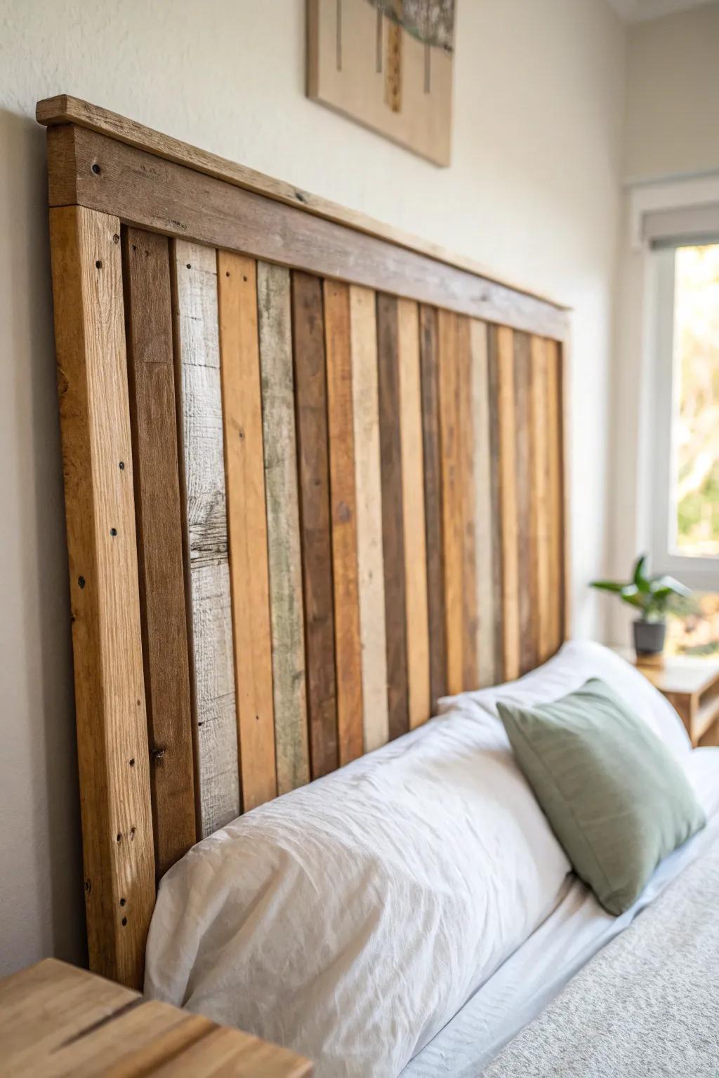Reclaimed wood slat headboard: modern lines + boho patina for a warm, lived-in bedroom