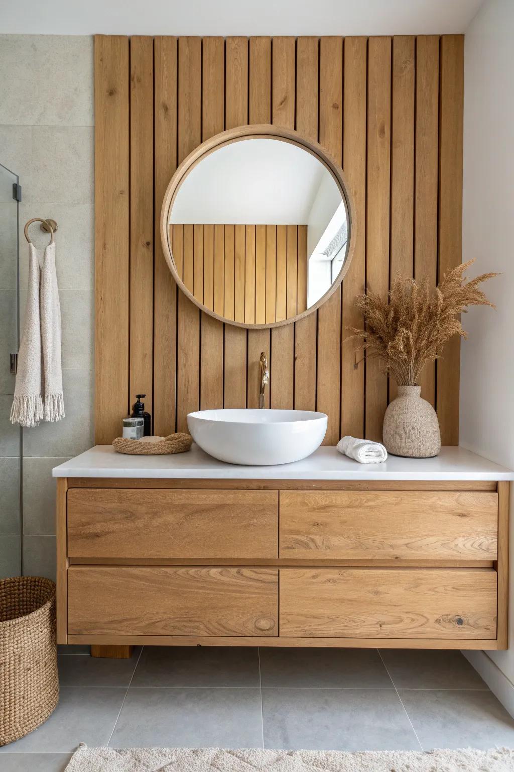 Warm cedar accent wall behind a floating vanity—modern cabin vibes with clean Scandinavian calm.