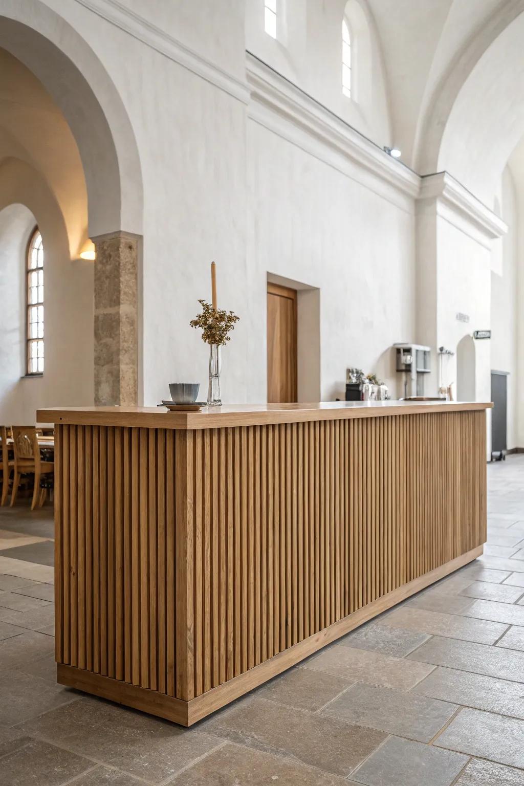 Modern church foyer coffee bar: warm oak slat front, soft light, minimal styling.