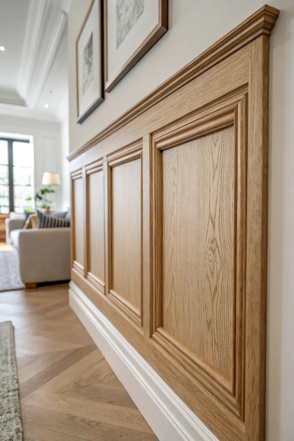 Crisp picture frame molding adds modern classic structure—clean lines, warm oak, perfect spacing.