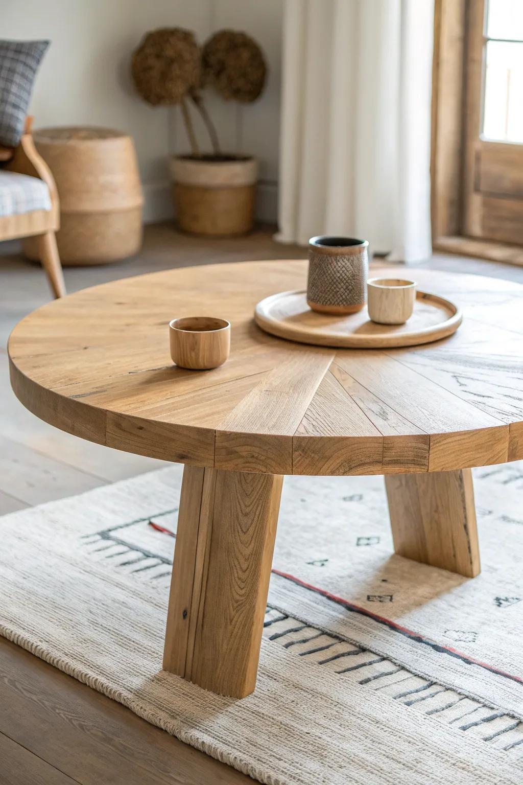 Round coffee table, chunky wood top + low clean base—softens the room and feels modern.