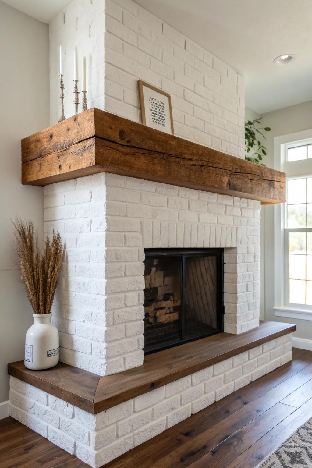 White brick corner fireplace with a chunky reclaimed wood beam mantel—crisp, cozy contrast.