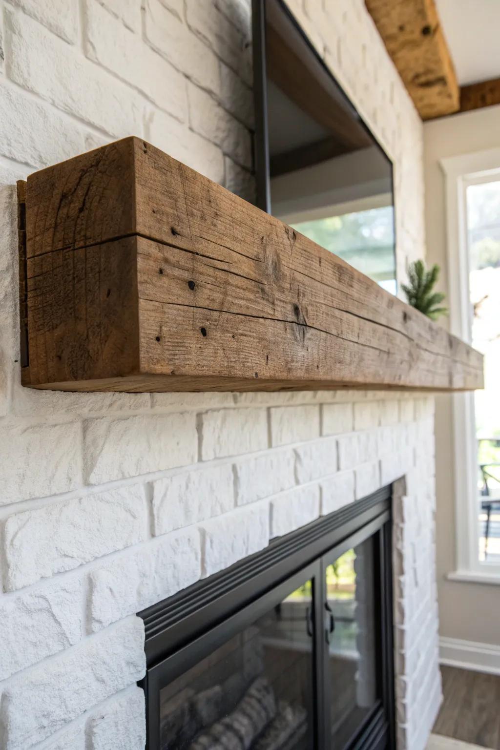 A chunky reclaimed-wood mantel brings timeless country warmth to a clean, modern fireplace.