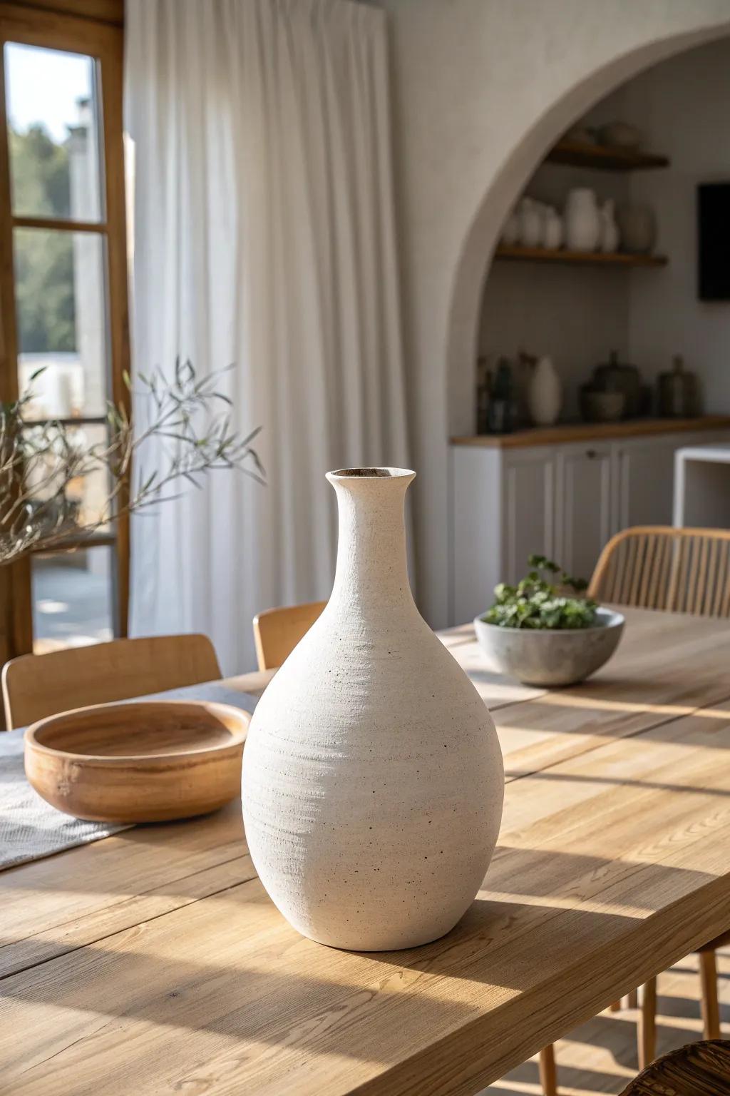 One oversized sculptural vase brings instant modern calm to a natural wood dining table.