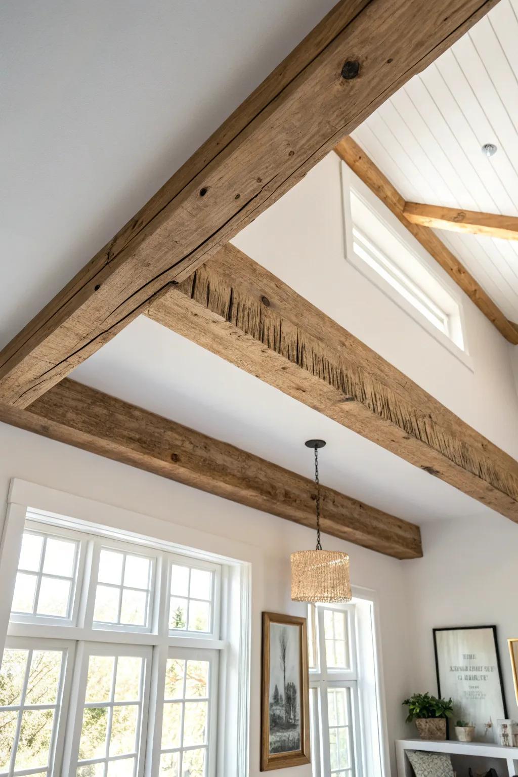 Clean, squared reclaimed beams add modern farmhouse warmth without turning cabin‑rustic.