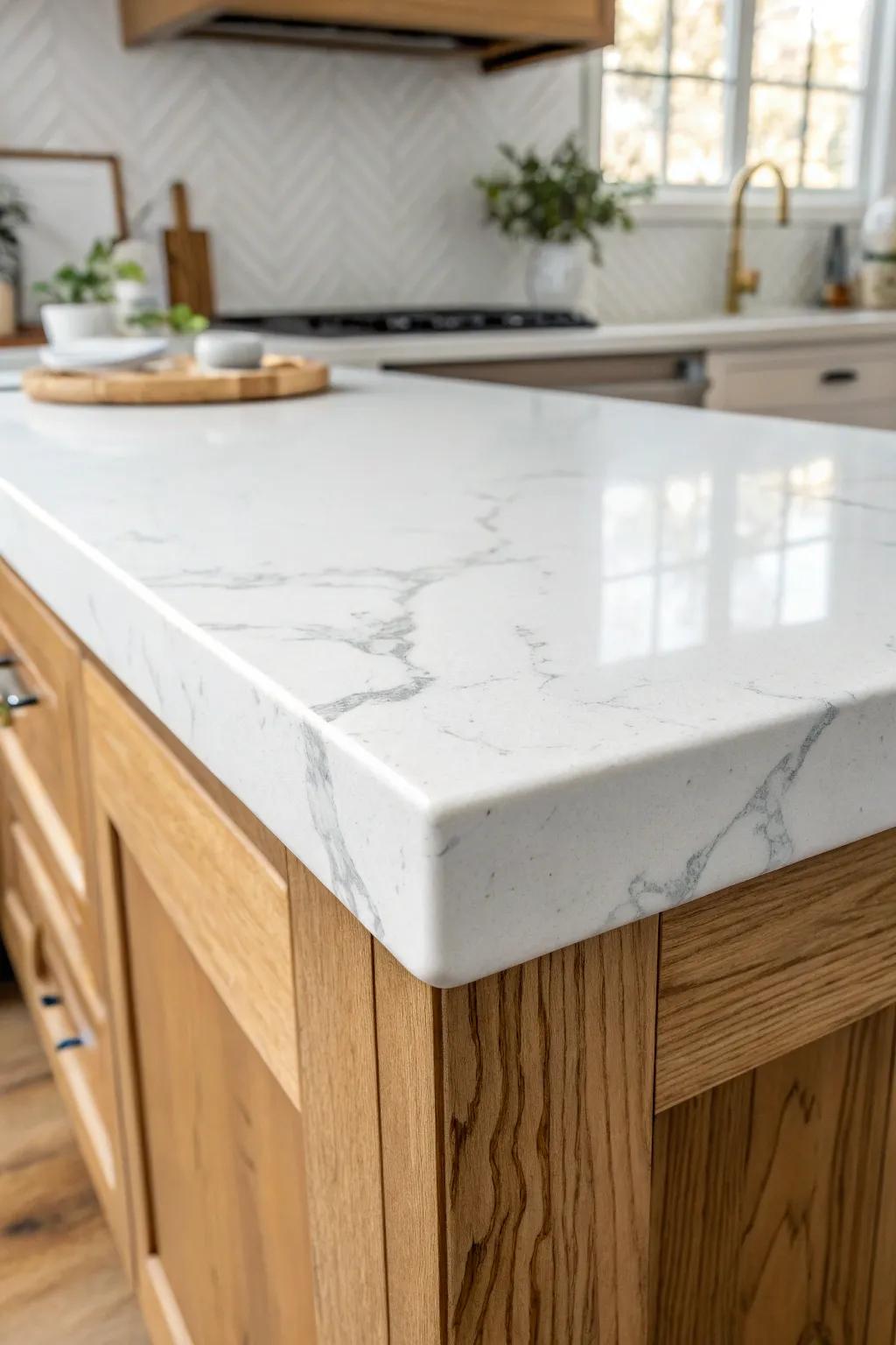 White marble-look counters meet warm oak accents for a clean, cozy modern farmhouse feel.