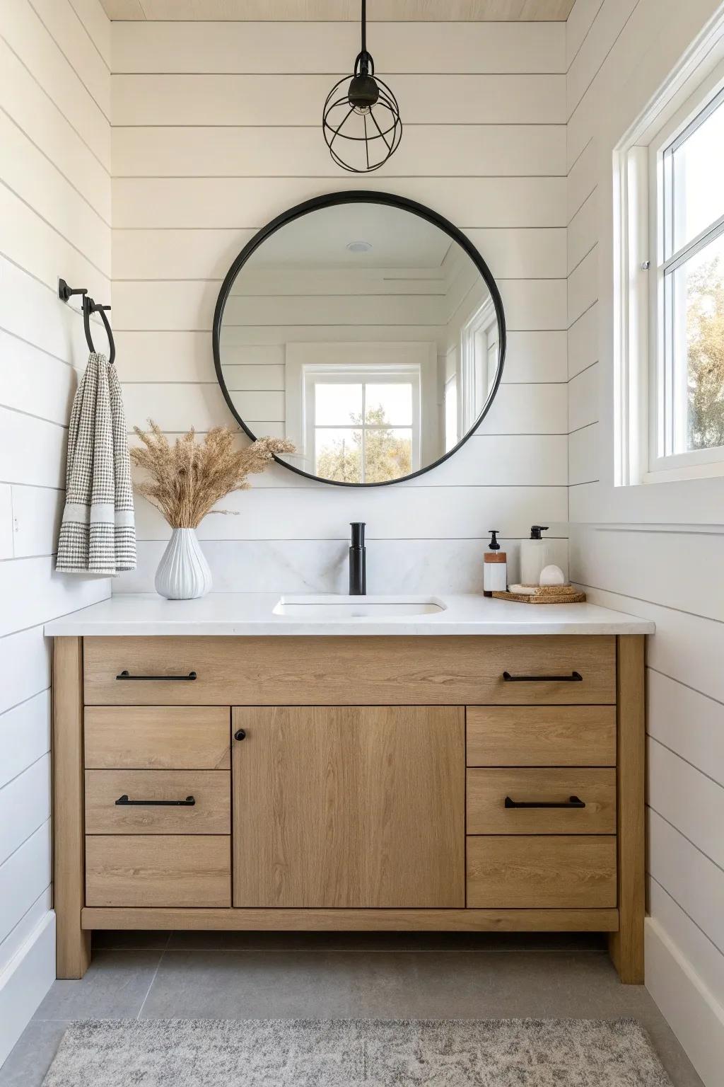 Bright painted shiplap behind a simple oak vanity for an airy modern farmhouse master bath.