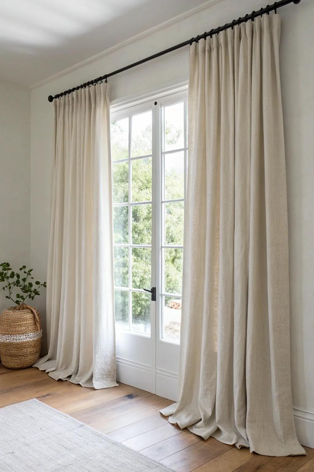 Crisp linen panels hung wider than the window—simple, airy, and instantly taller-looking.