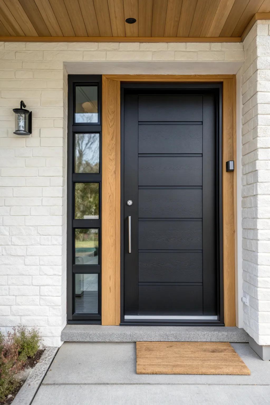 Wide, flat oak casing with crisp square edges turns the front door into a bold modern focal point.