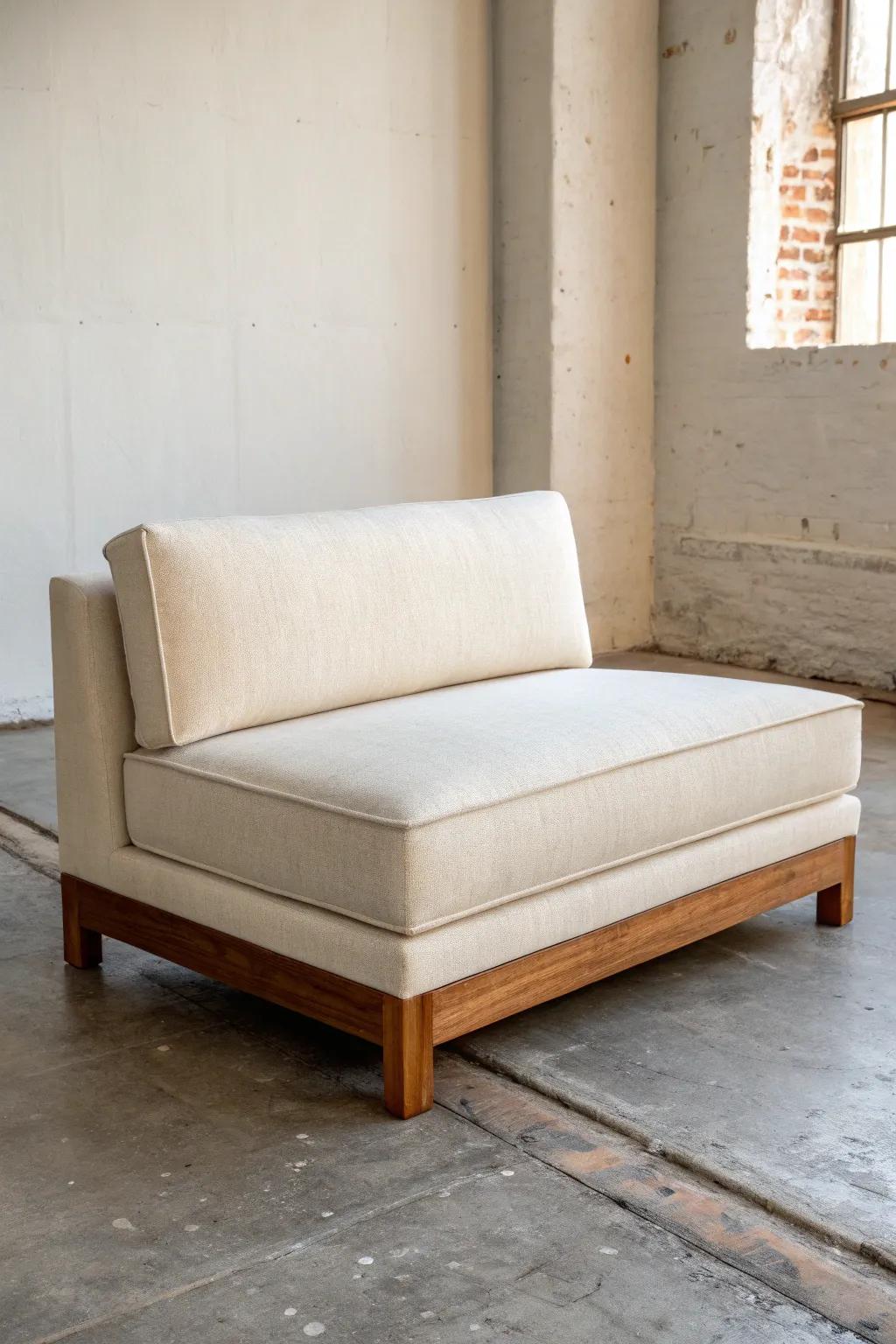 Low-profile linen sofa on an oak plinth—modern, grounded, and beautifully handcrafted.