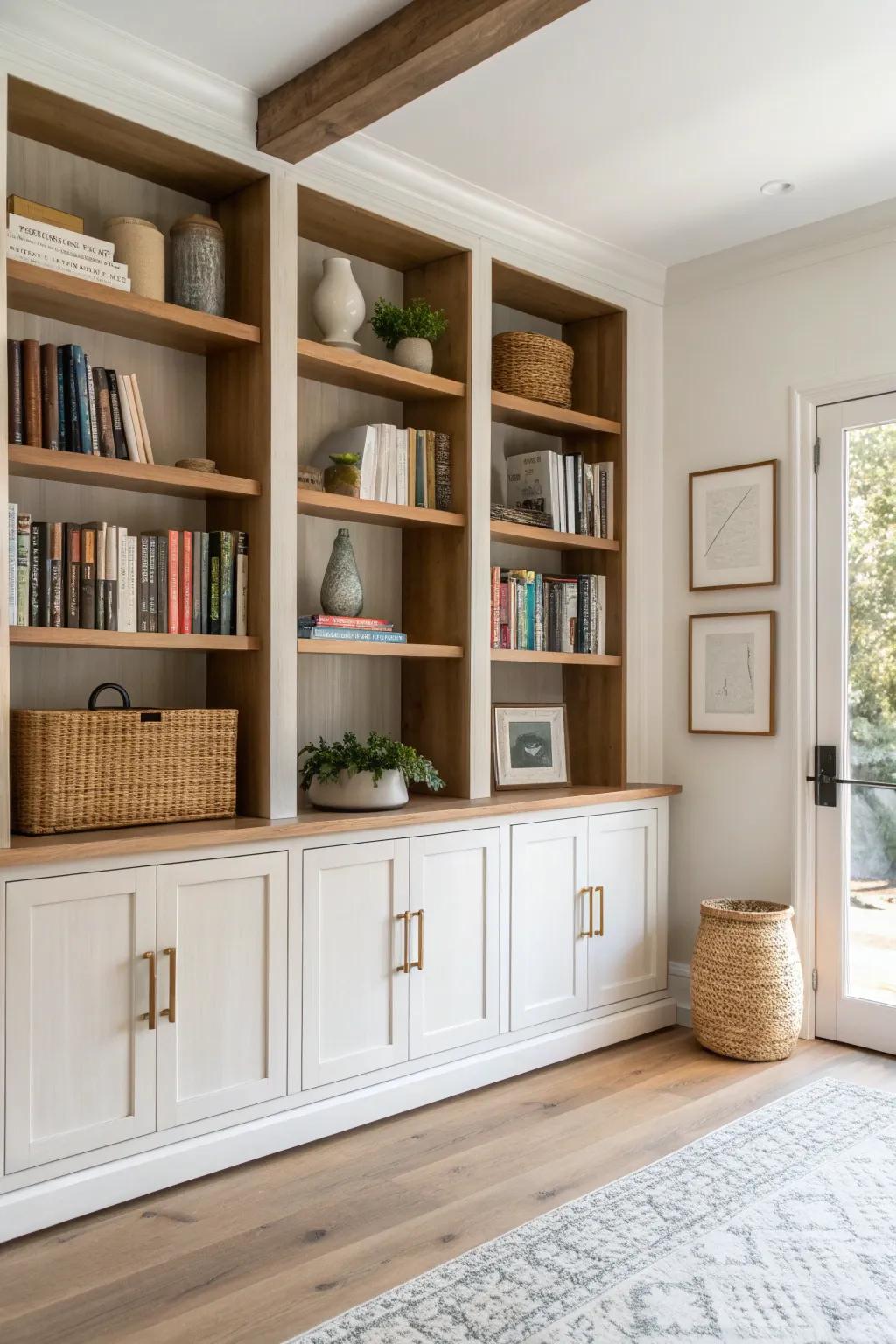 Full-wall shelves with base cabinets: modern library storage that looks calm and crafted