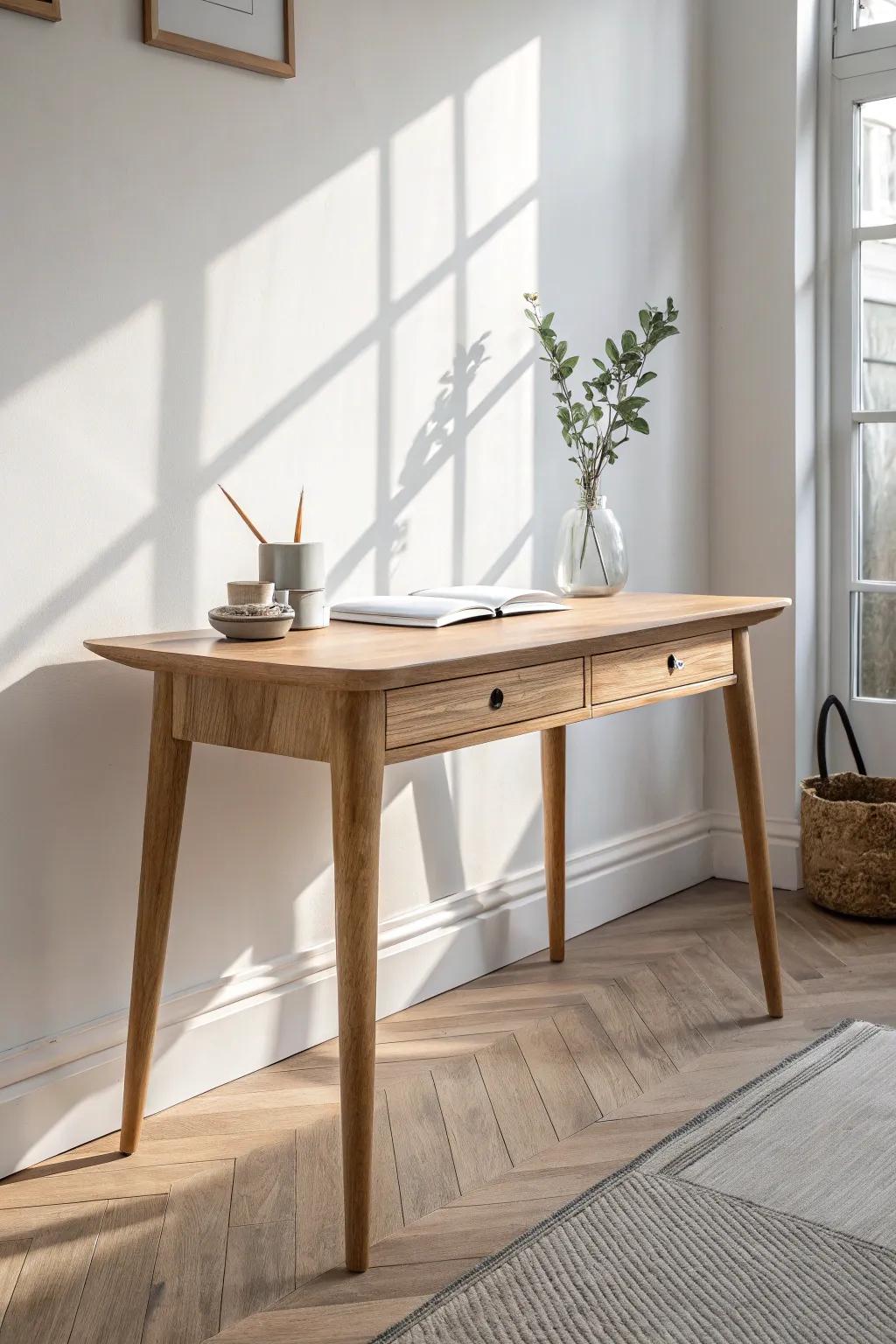 Slim tapered legs and a thin light-oak top—Scandi minimalism with a soft boho glow.