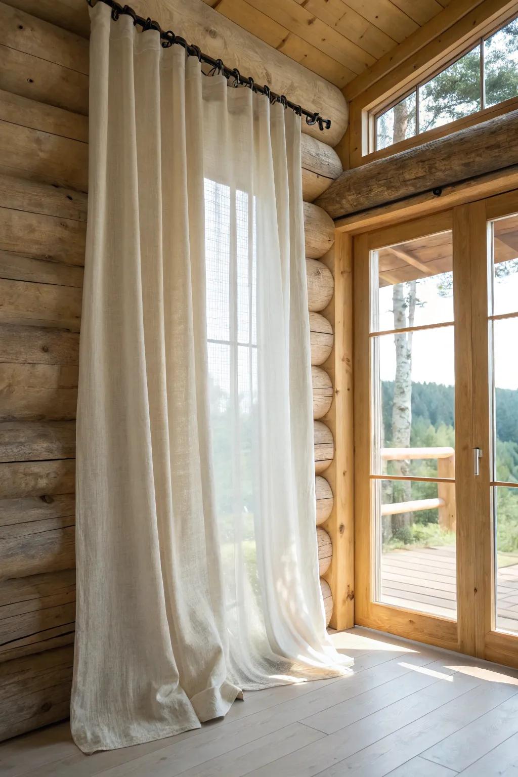 Sheer linen curtains: keep the big-window view, soften the light, and warm up the logs.