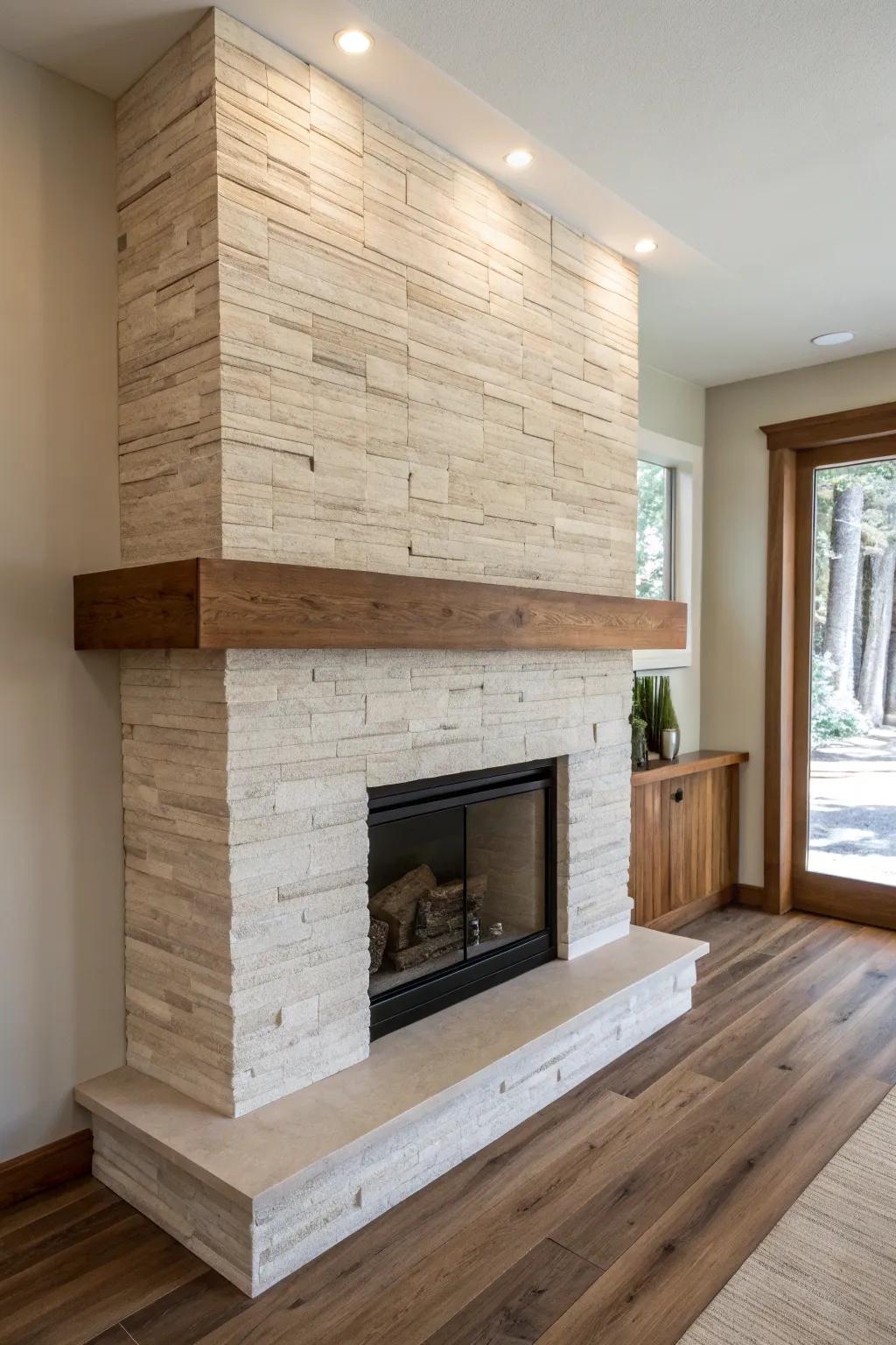 A floor-to-ceiling stone slab fireplace with a slim walnut ledge—minimal, warm, luxe.