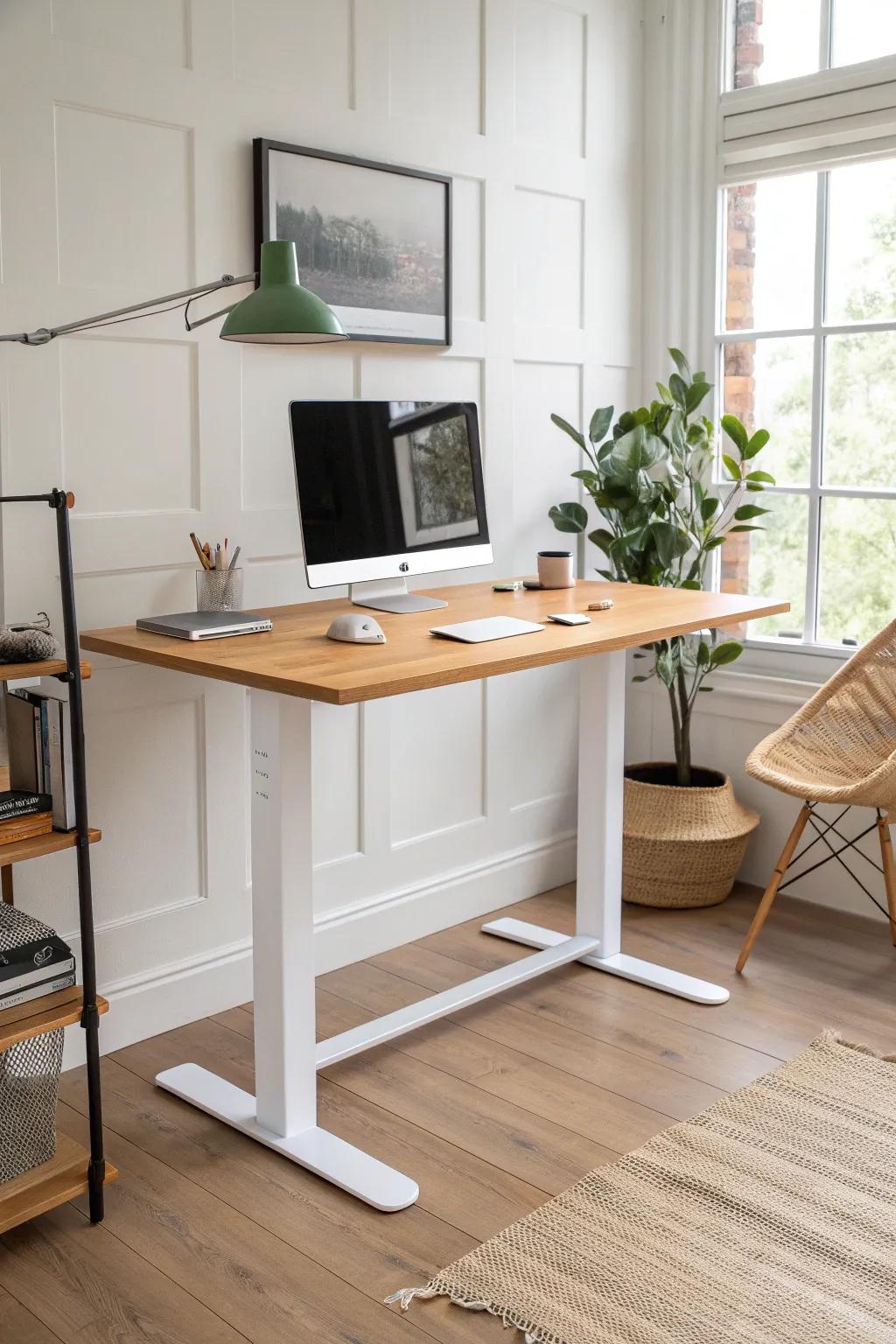Minimal sit-stand desk base with warm wood top—clean lines, craft feel, modern upgrade.