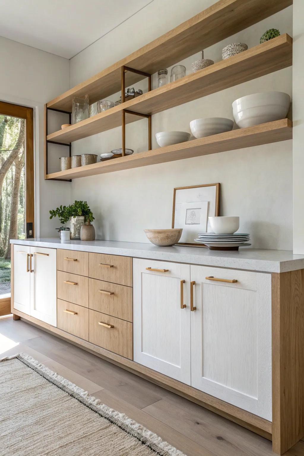 Open uppers, closed lowers: the airy shelf look with real storage to keep counters serene.