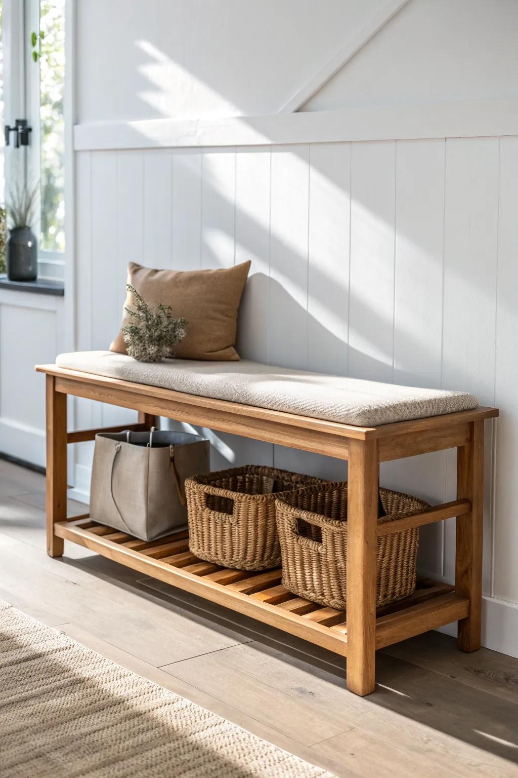 Warm-stained rustic bench with woven baskets—simple, tidy entryway storage with handmade charm.