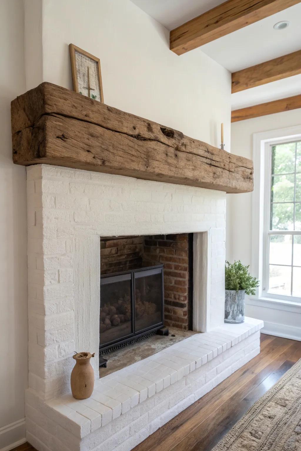 Chunky reclaimed beam mantel—rugged grain meets a clean modern surround for warm rustic contrast.