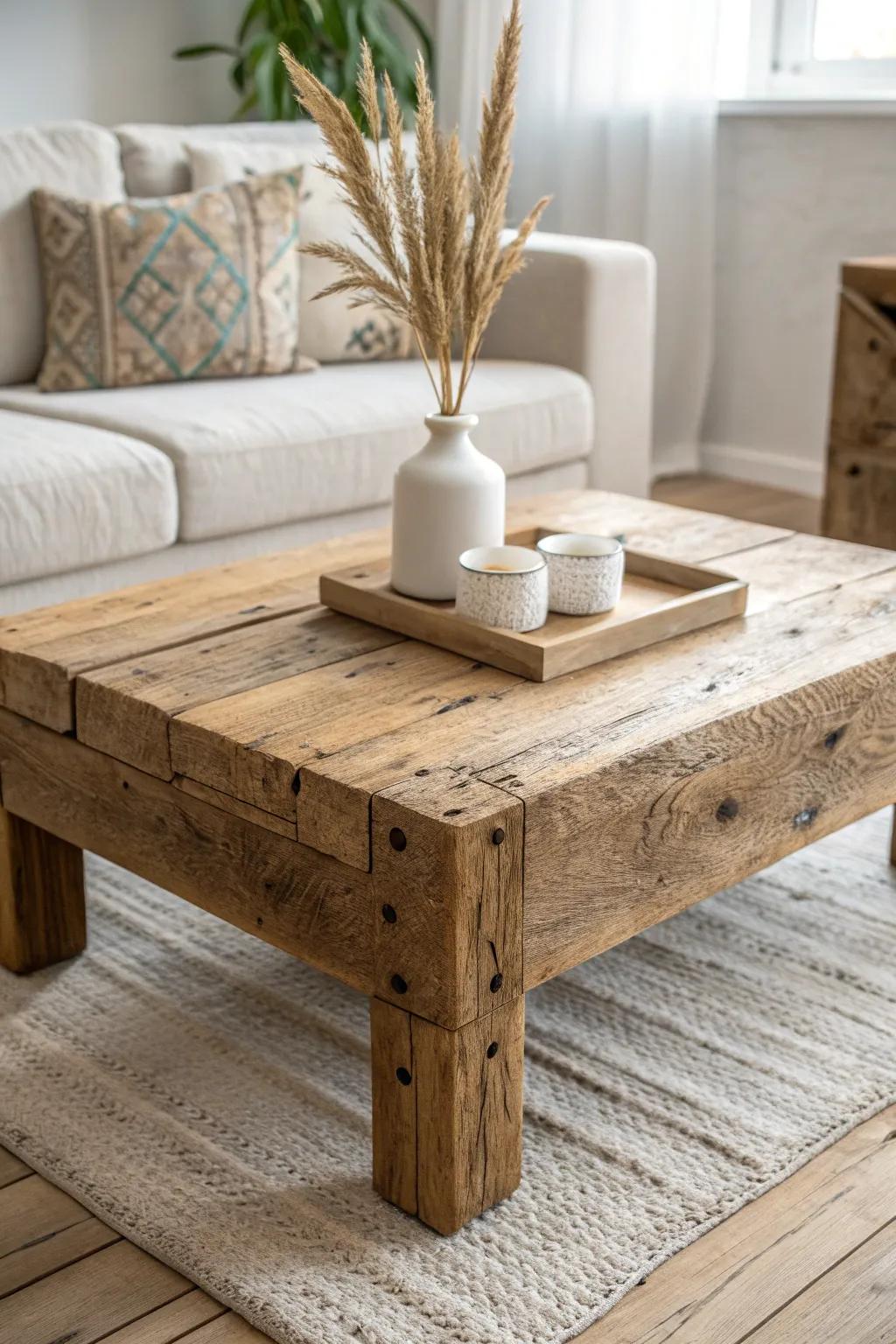 A chunky distressed wood coffee table brings modern shabby chic warmth with clean lines.