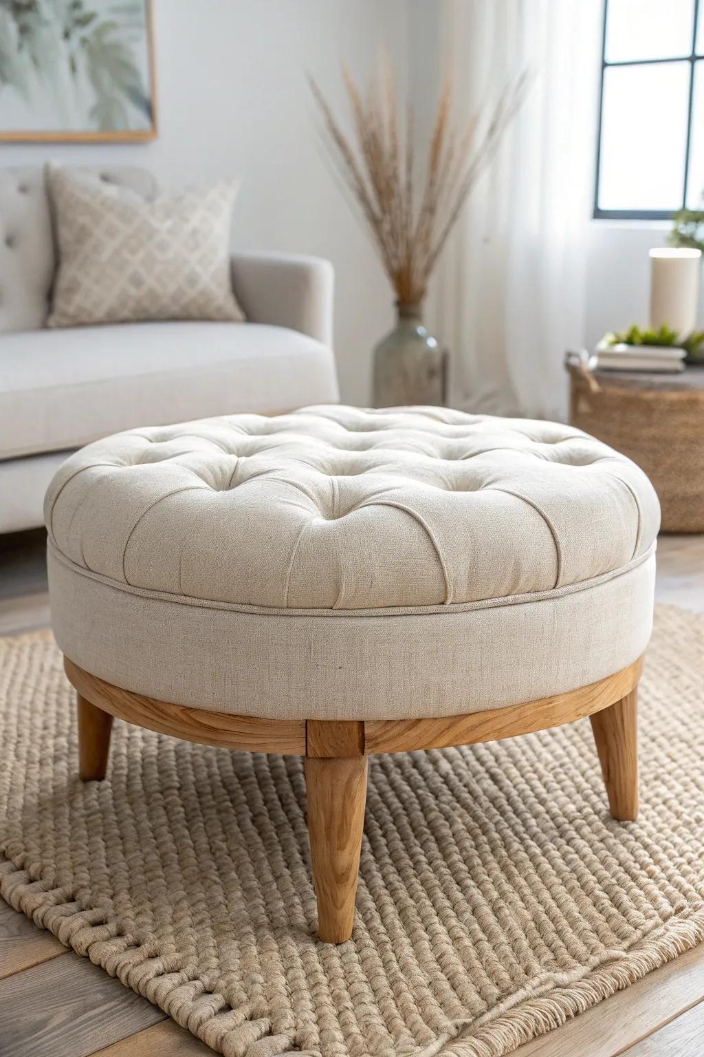 Clean lines meet tufted charm—one handcrafted ottoman brings modern traditional balance.