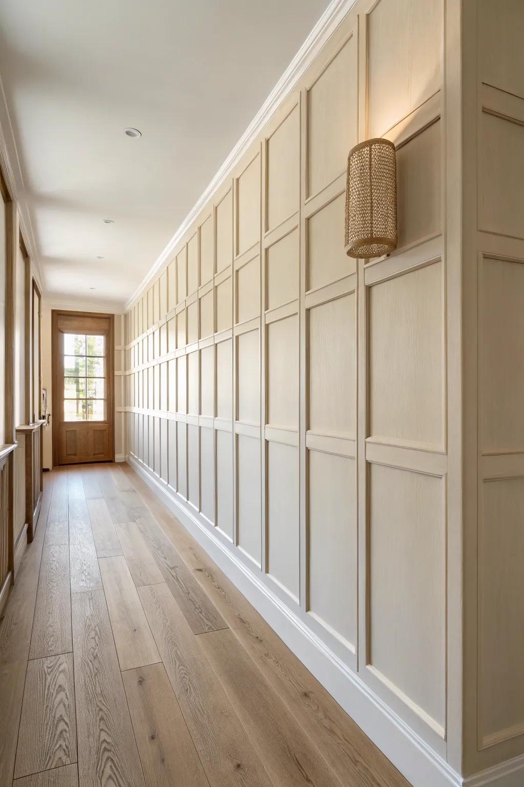Full-height box paneling turns a blank hallway wall into a clean, modern design feature.