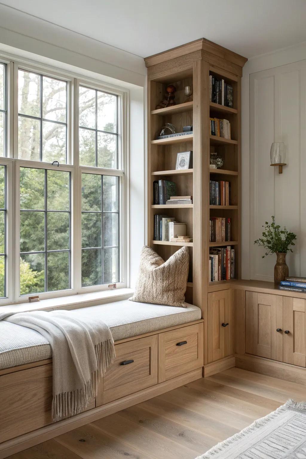 A cozy window seat framed by tall bookcases—built-in style with warm oak and calm neutrals.