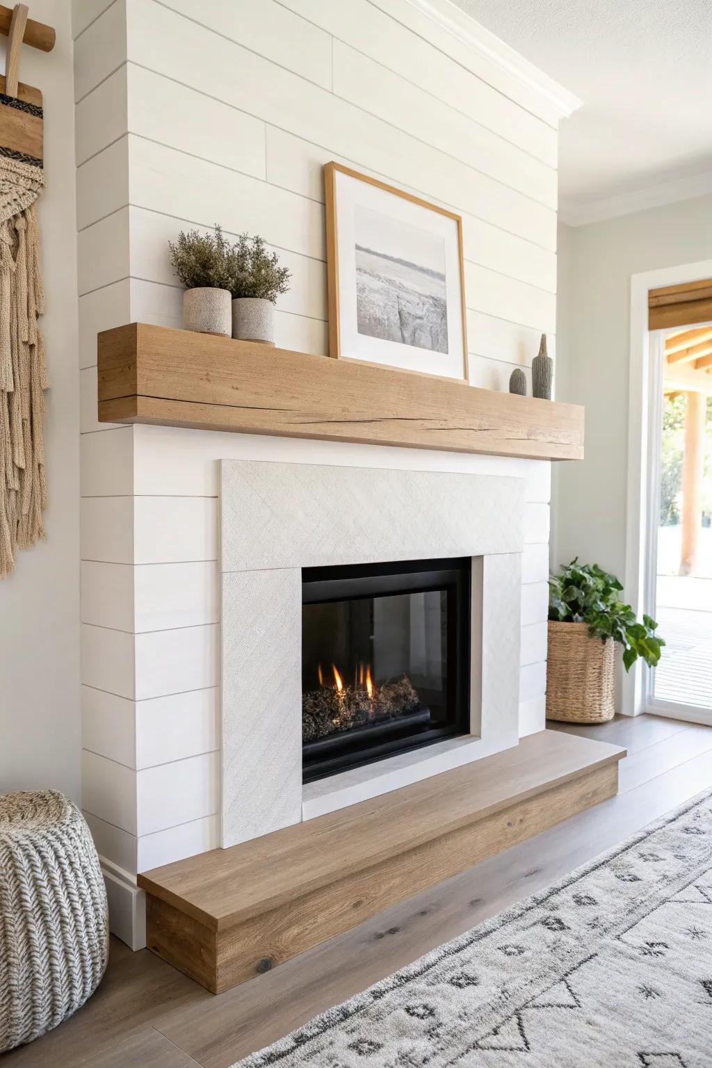 Slim floating oak mantel that keeps the modern wood fireplace sleek, light, and handcrafted.