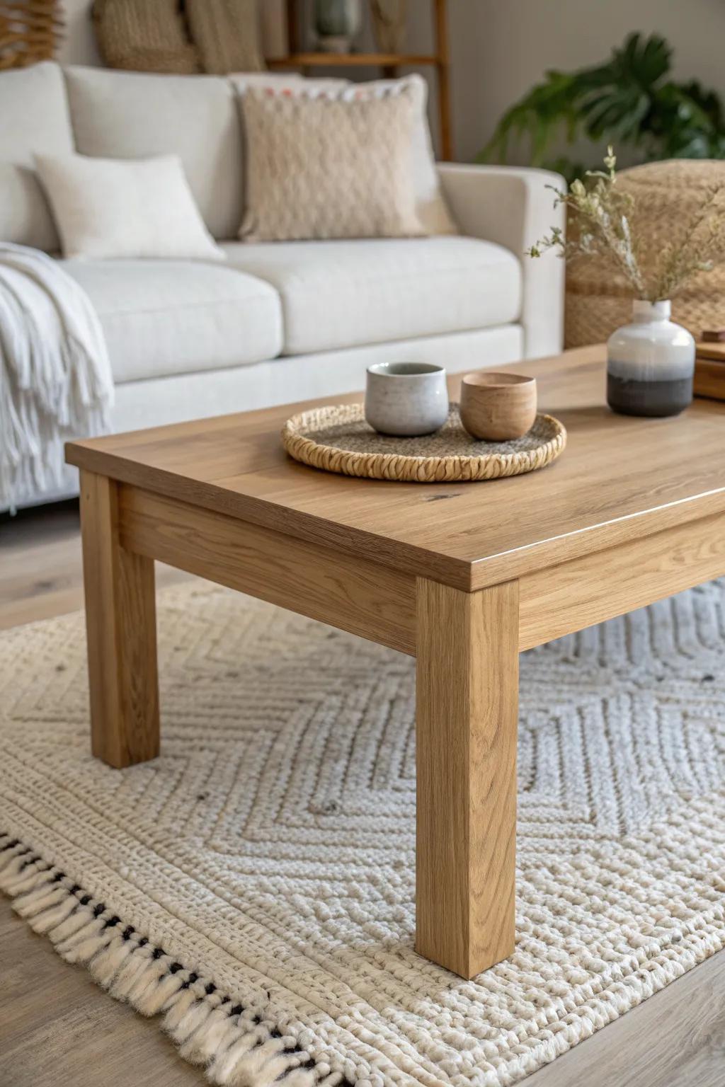 A simple oak coffee table anchors a U-shaped modular sofa—perfect for big hangouts.
