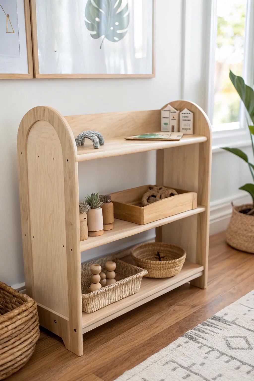 Simple two-tier Montessori shelf—just enough space for tidy toy rotation and easy cleanup.