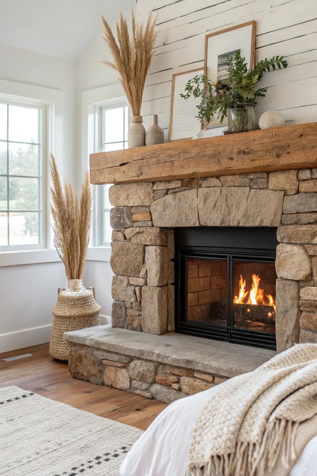 Stone fireplace + reclaimed wood mantel: the coziest mountain bedroom focal point.