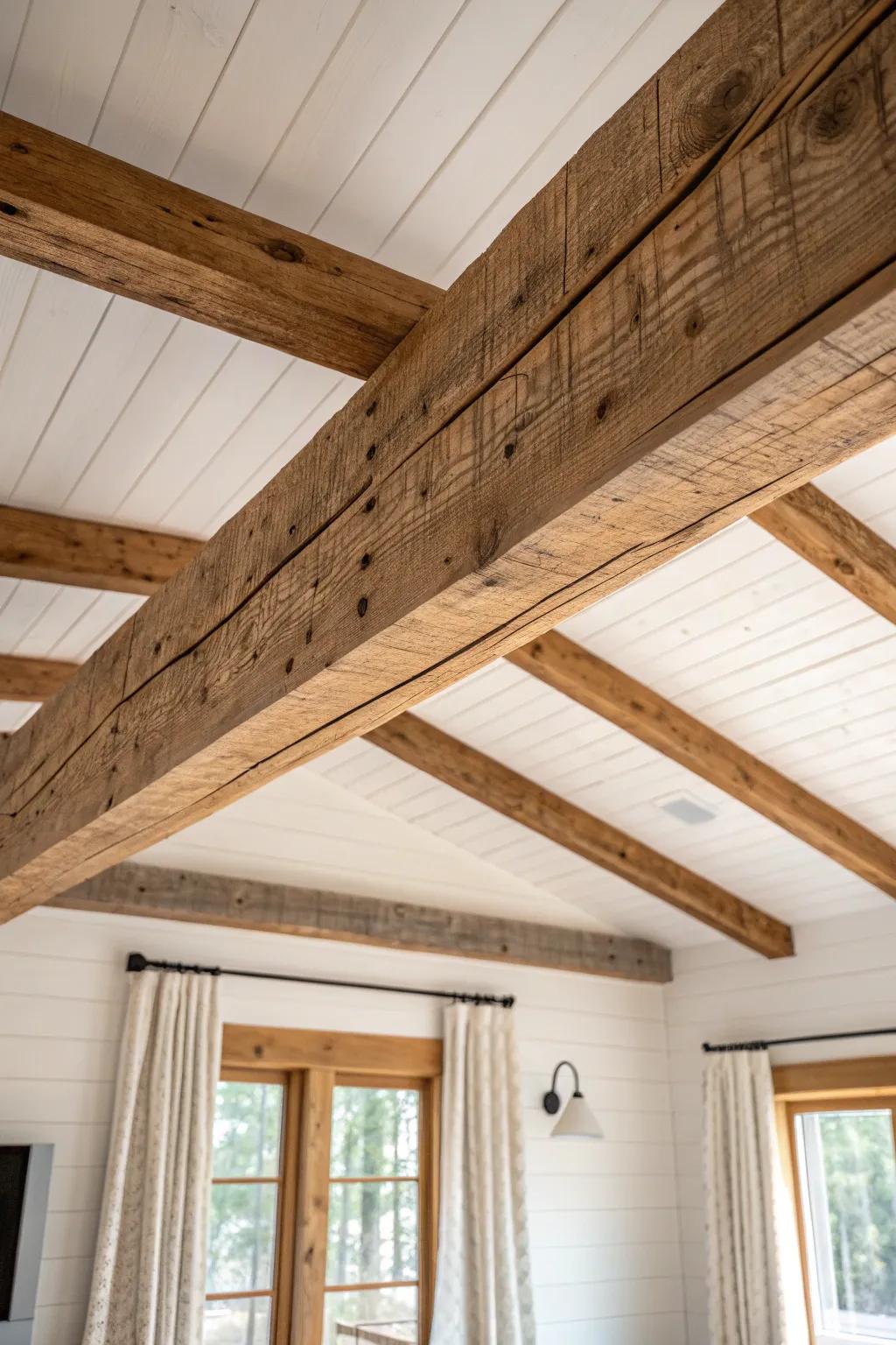 Let those exposed timber beams steal the show—aged grain, warm stain, cabin calm.