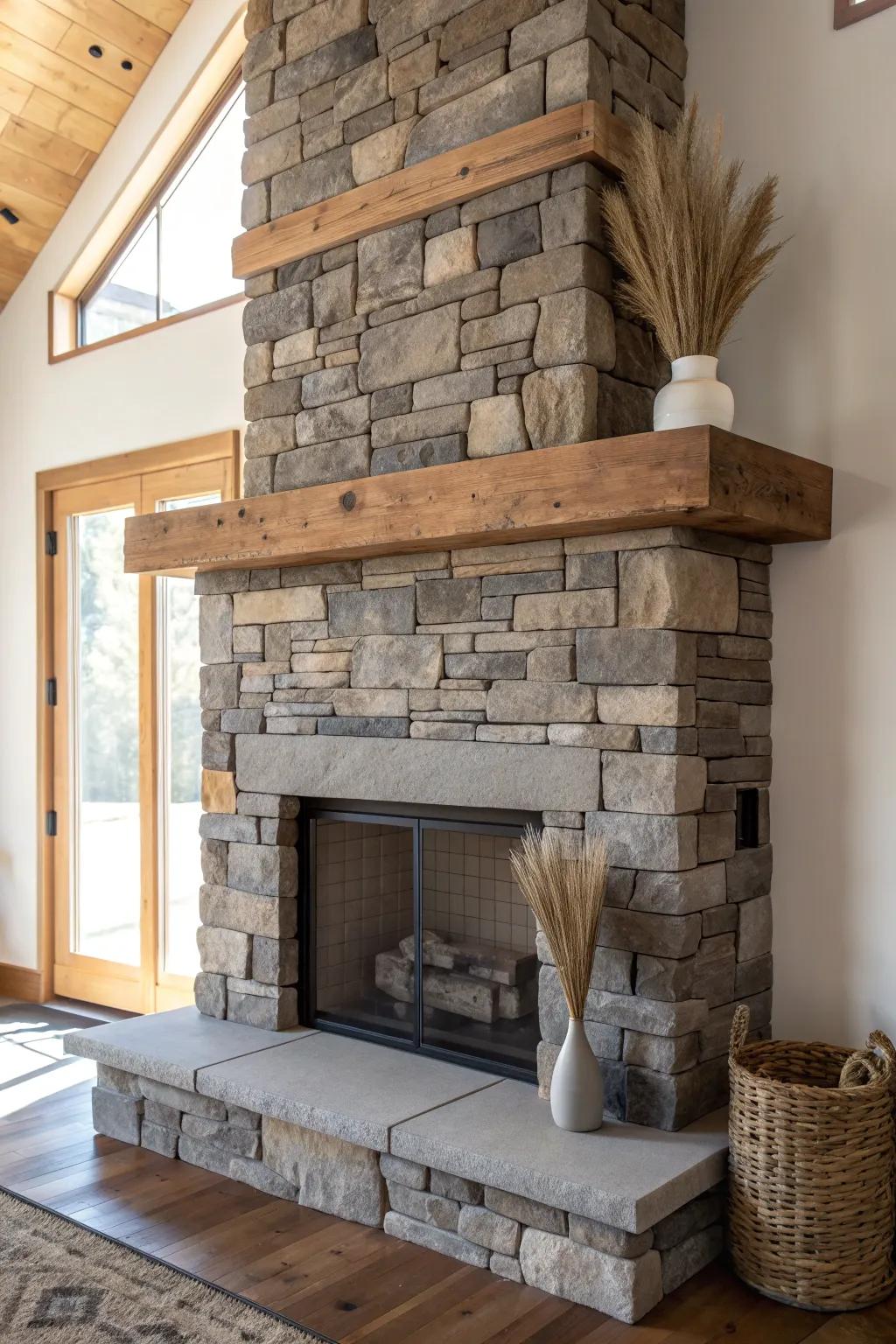 Anchor your mountain great room with a stacked-stone hearth and a chunky reclaimed mantel.